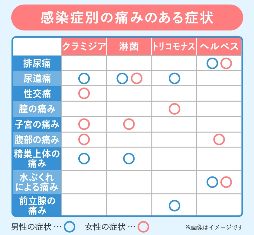 陰部の痛みを引き起こす性感染症と陰部(性器)の痛みが現われる場所の一覧