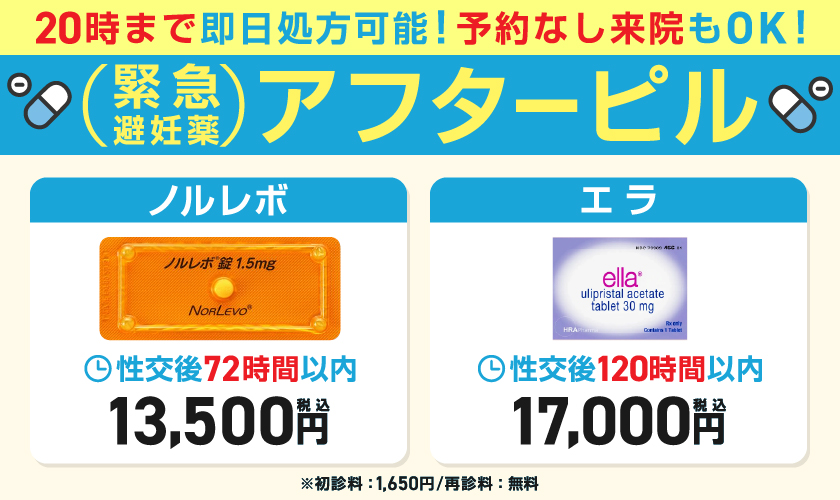 20時まで処方！予約なし来院もOK！緊急避妊薬のアフターピル　ノルレボ13,500円　エラ17,000円