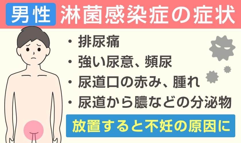淋菌感染症（淋病）の男性の症状　排尿痛・強い尿意・尿道の赤み腫れ・尿道から膿などの分泌物