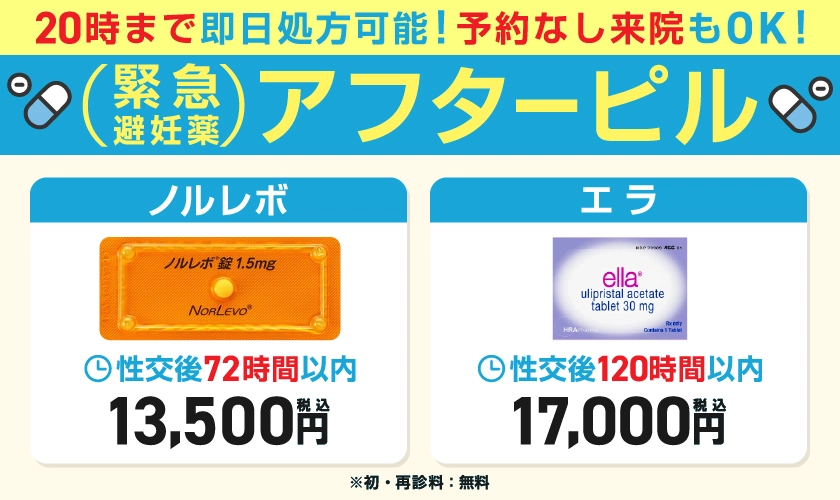 20時まで処方！予約なし来院もOK！緊急避妊薬のアフターピル　ノルレボ13,500円　エラ17,000円